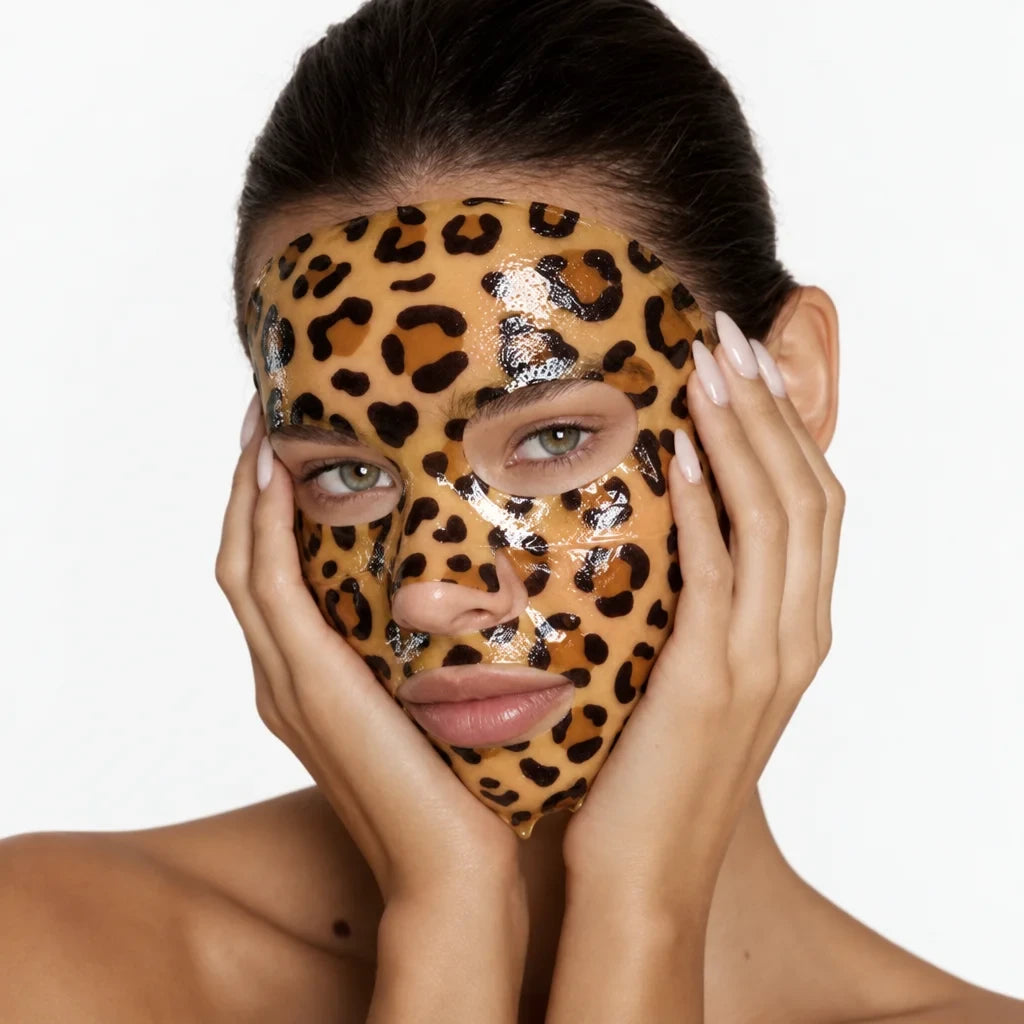 Woman wearing the malguem caramel leopard collagen jelly mask
