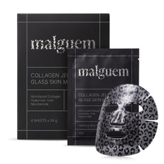 malguem Collagen Jelly Glass Skin Mask, black box, sachet and silver leopard mask