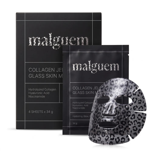 malguem Collagen Jelly Glass Skin Mask, black box, sachet and silver leopard mask