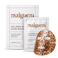 malguem Collagen Jelly Glass Skin Mask, white box, sachet and caramel leopard mask