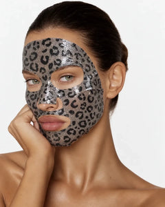 Woman wearing the malguem silver leopard collagen jelly mask